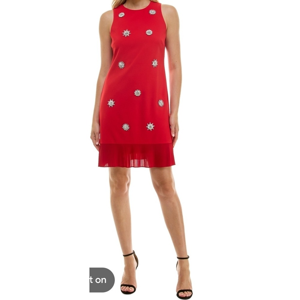 Red Sleeveless Cocktail Shift Dress Silver Diamond Embellishments Ruffle Hem 10